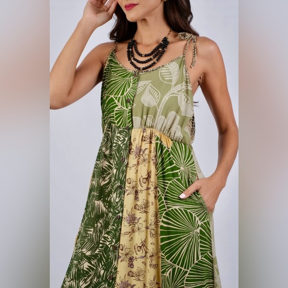 Fair trade botanical floral patchwork Green Yellow Vegan A Line Maxi Boho Dress - Picture 3 of 7